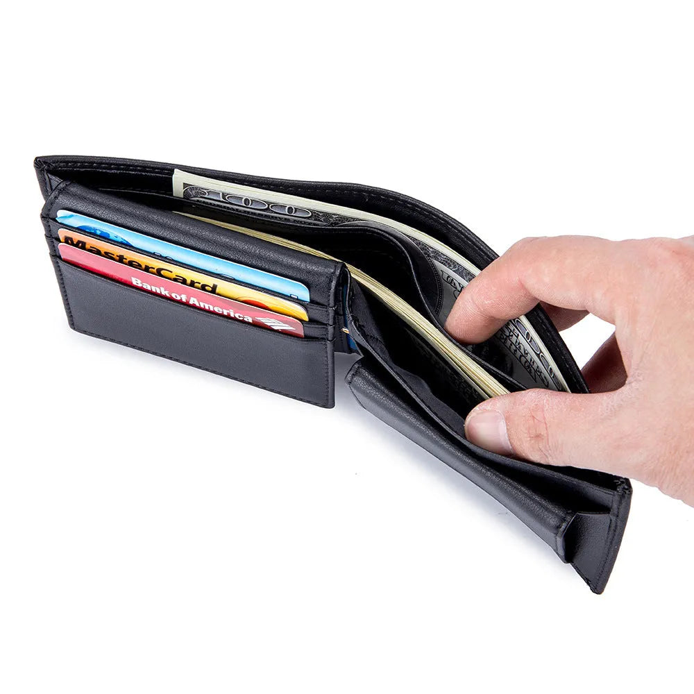 Soft cowhide trifold wallet for men in black with European and American retro print genuine leather