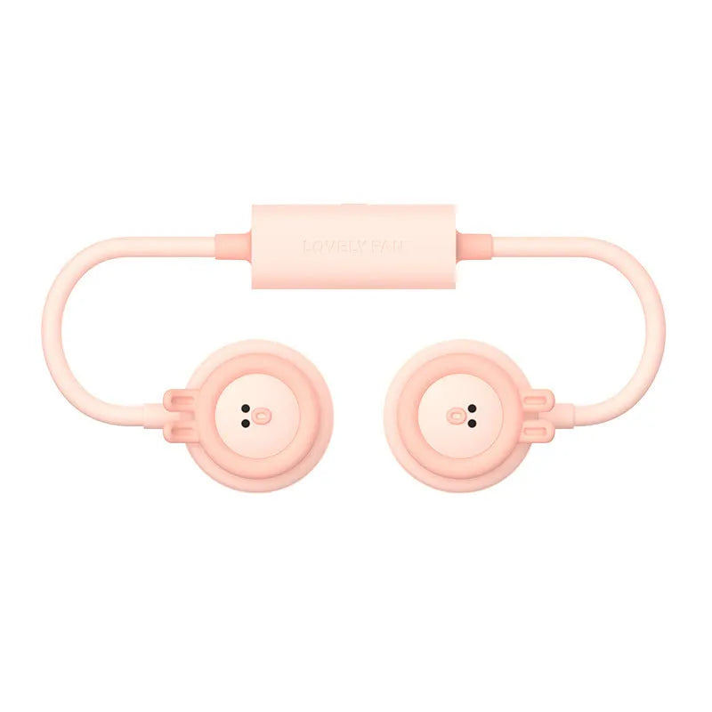 Pink folding hanging neck fan with leafless design and USB charging port