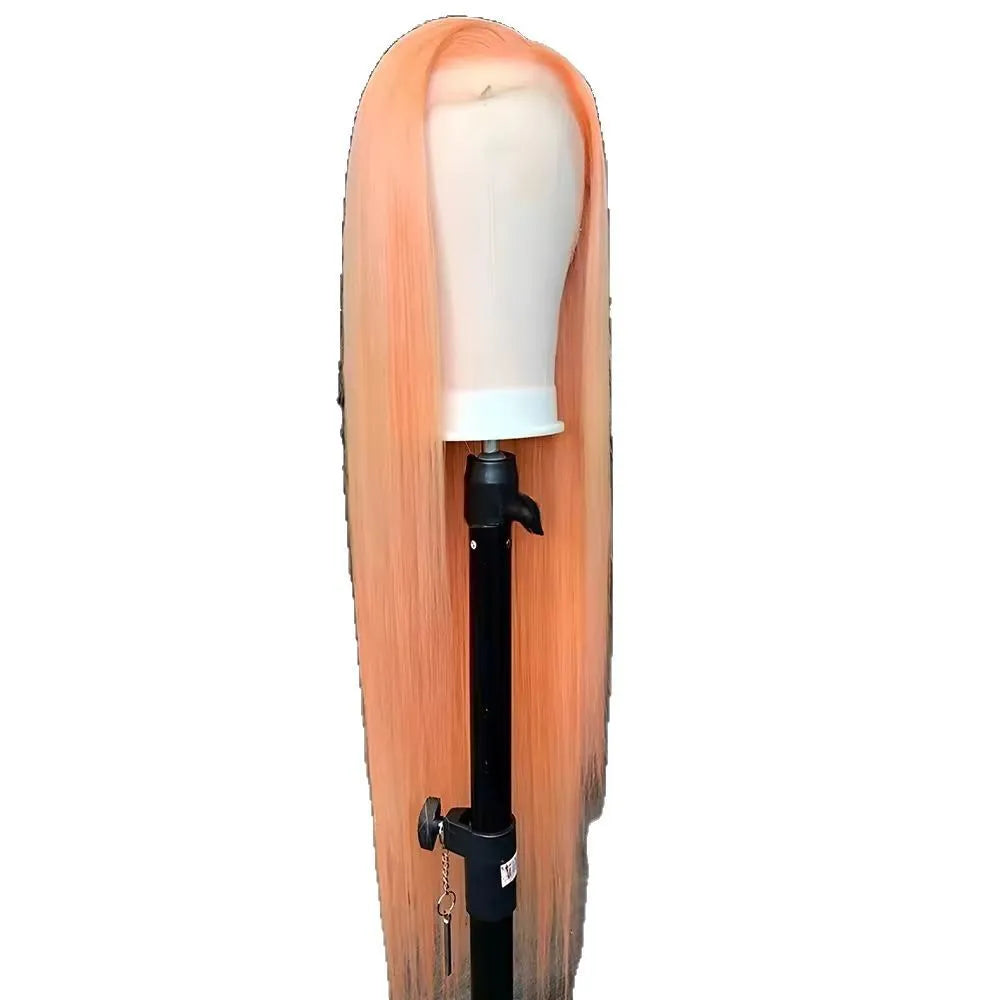 Light orange long straight front lace synthetic wig on display stand showing natural hairline