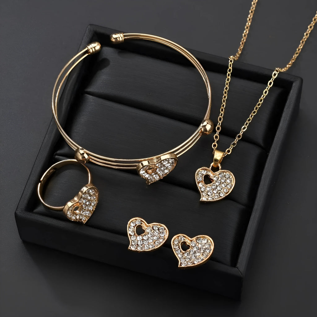 Gold-colour alloy jewellery set with love, water drop and bell patterns including earrings, decorative items and hand ornaments