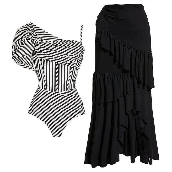Women's ruffled striped one-piece swimsuit in polyester, showing sleeveless design and striped pattern options.
