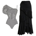 Women's ruffled striped one-piece swimsuit in polyester, showing sleeveless design and striped pattern options.