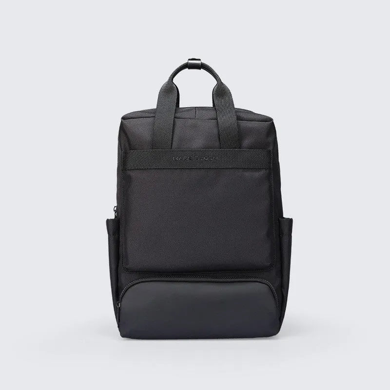 Elegant black Oxford cloth computer backpack showing main compartment and straps