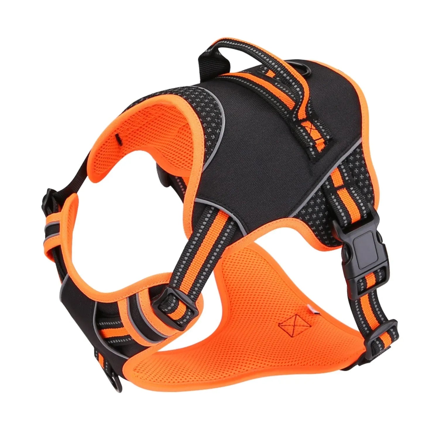 Orange polyester dog harness and lead set for medium-sized dogs during outdoor walk.