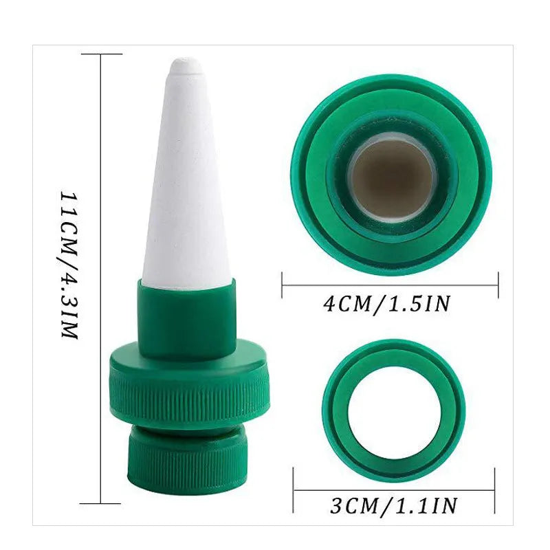 Green ceramic drip irrigation device for use with cola bottles for automatic plant watering