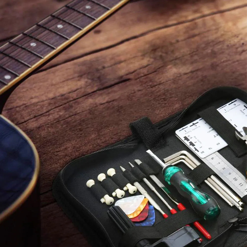 Black guitar repair tool kit for guitar bass mandolin banjo maintenance with case dimensions 200x100x45mm