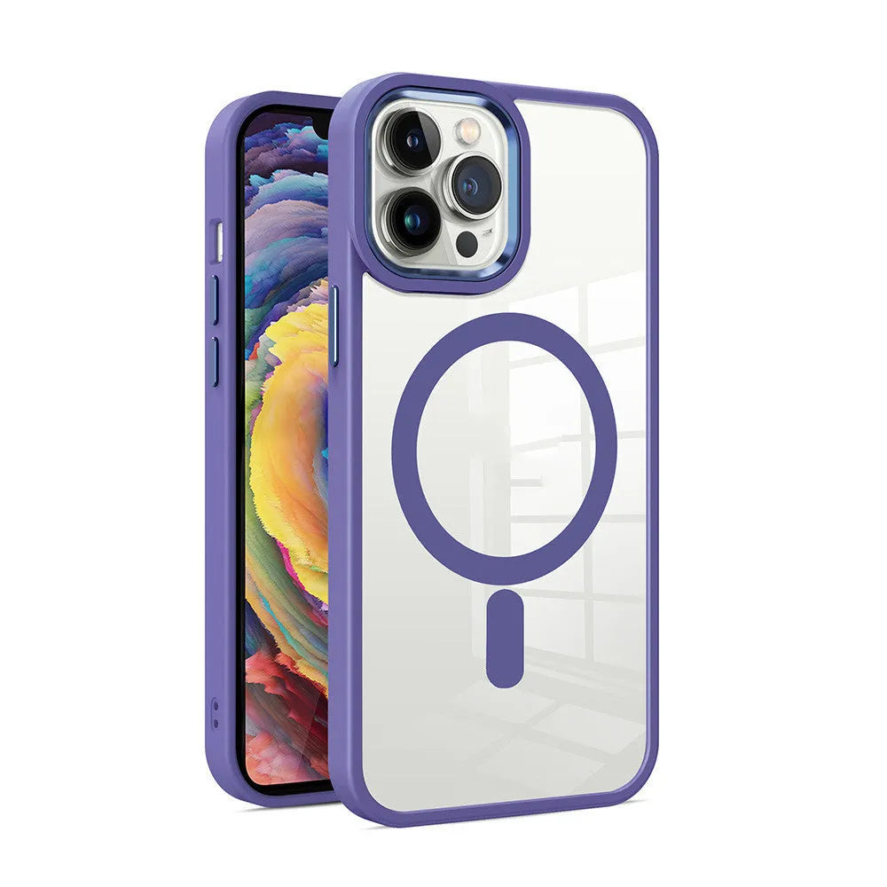 Transparent magnetic iPhone case showing MagSafe compatibility with solid silicone colour options