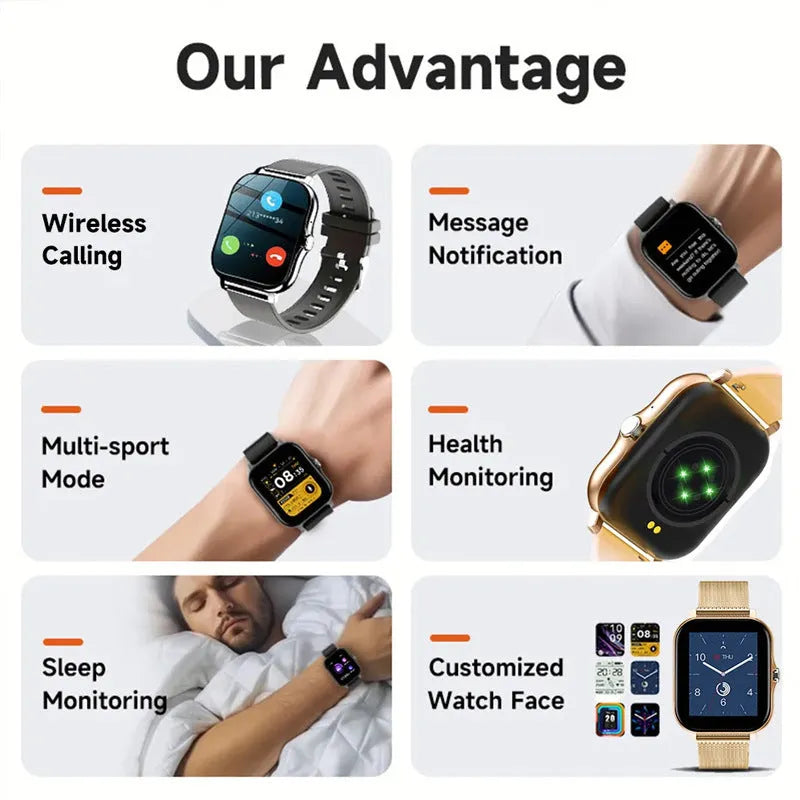 Smart watch with 1.44-inch touch screen showing heart rate and step count display on silicone wrist strap