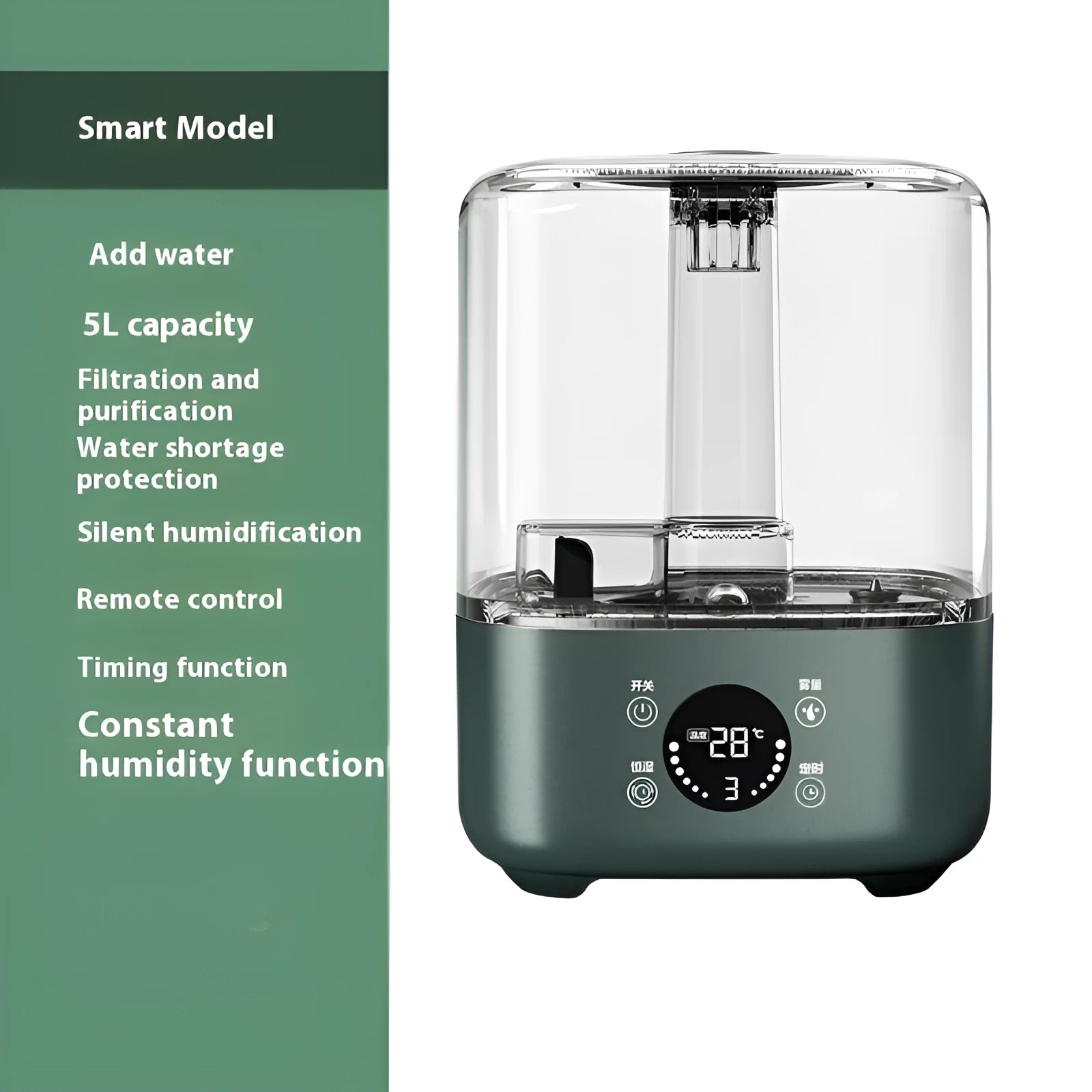Green KC-112 large capacity intelligent humidifier with touch screen display and remote control on a table.