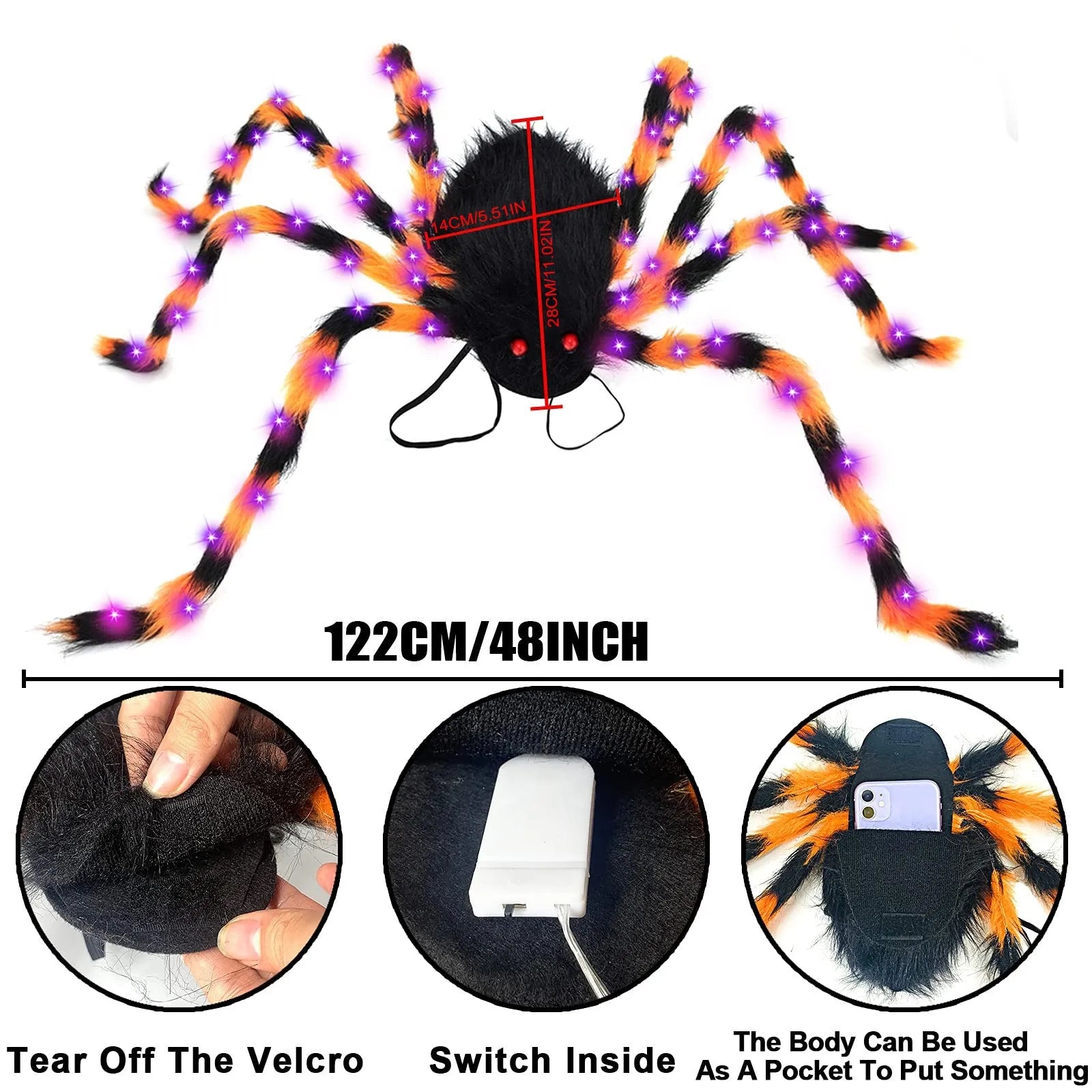Halloween Spider Backpack with LED lights in plush sugar bag material, shown in orange and purple colour variant.