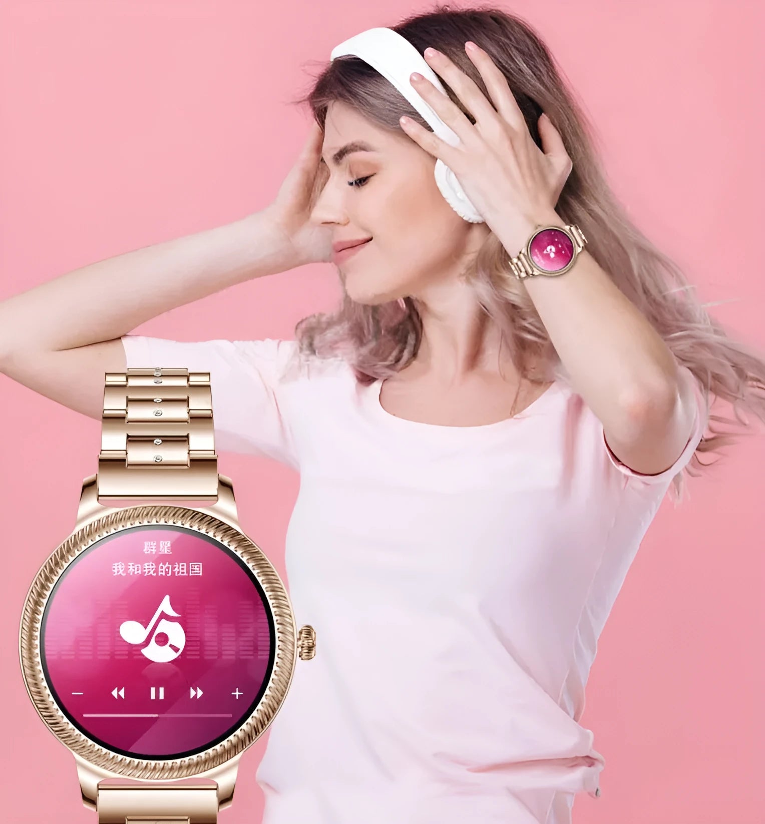 AK38 ladies smart watch with stainless steel wristband on wrist showing 1.09-inch screen