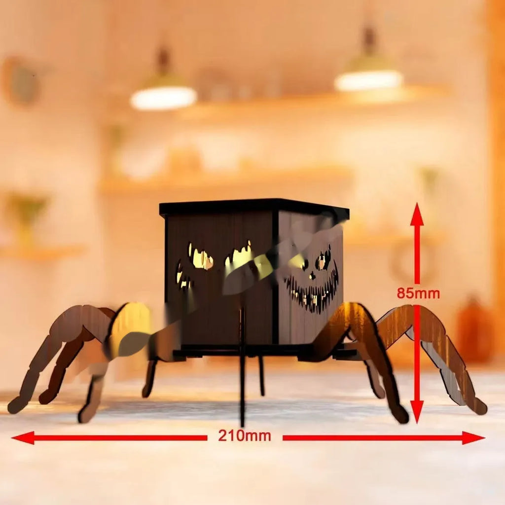 Wooden Halloween spider lantern candlestick decoration measuring 21cm by 8.5cm