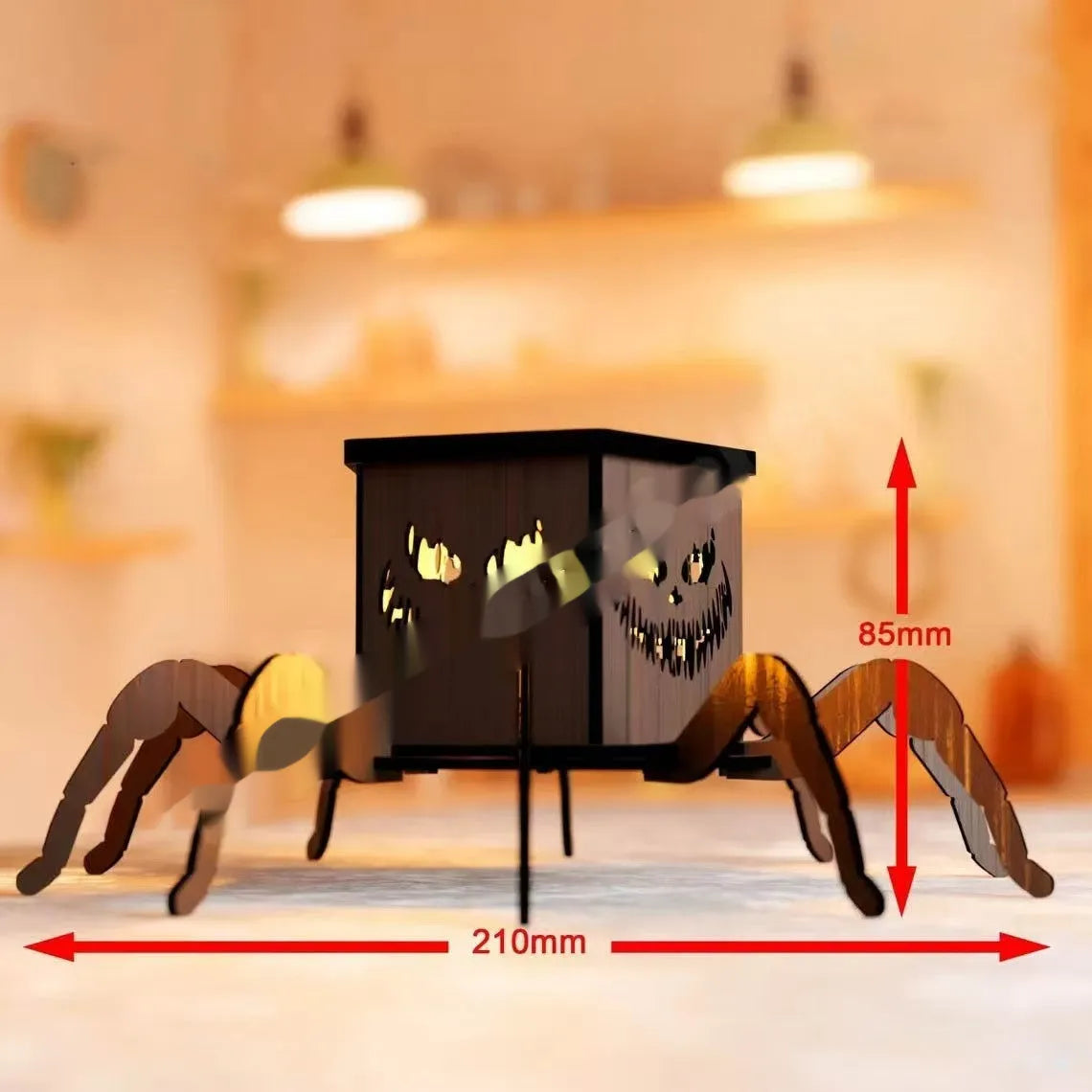 Wooden Halloween spider lantern candlestick decoration measuring 21cm by 8.5cm