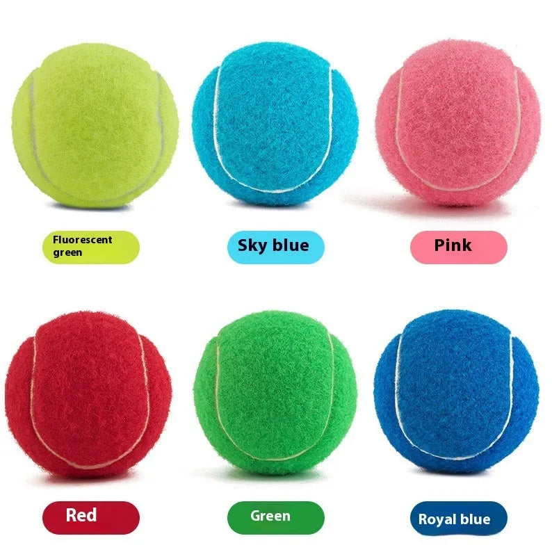 Rubber dog tennis ball toy in bright colours showing 6.3cm diameter size