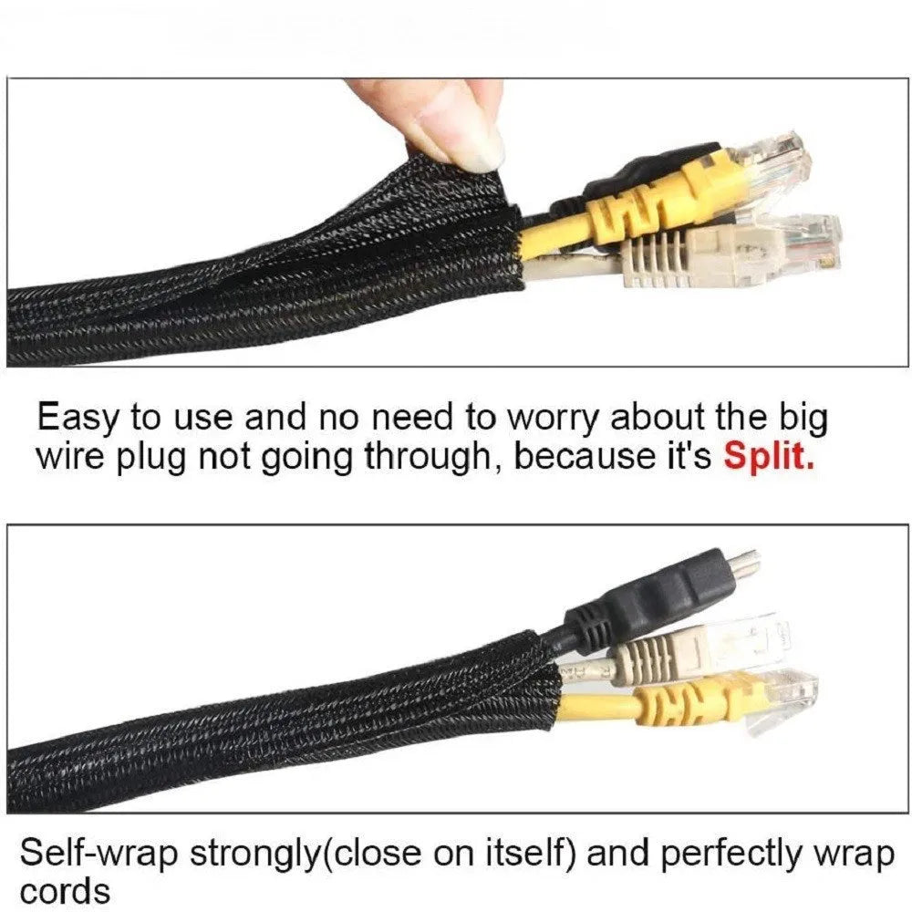Black self-winding expandable polyester mesh sleeve for automotive wire protection and cable management.