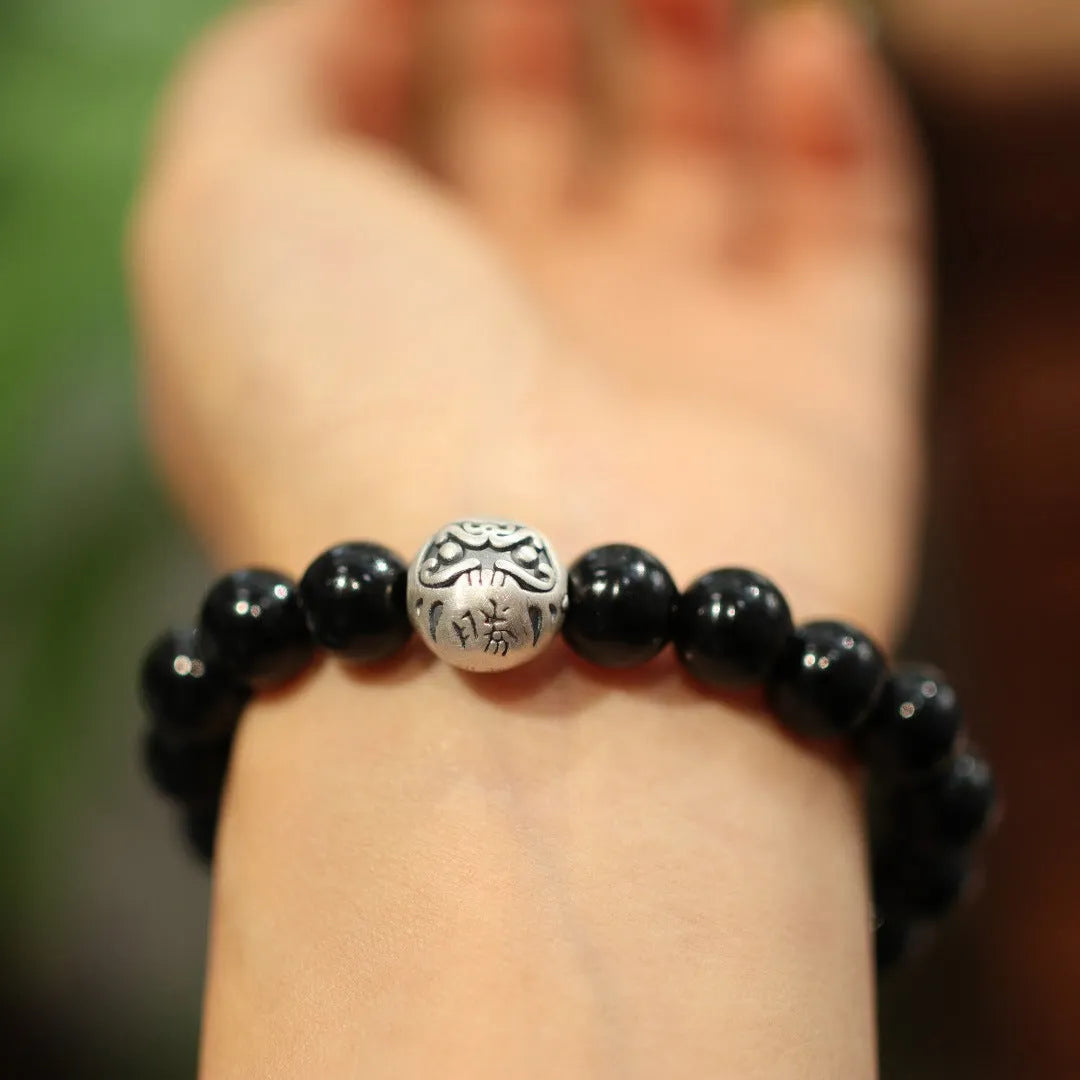 Black agate and sterling silver Chinese style bracelet with 10mm beads