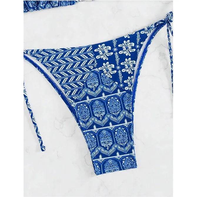 Women's split bikini swimsuit with bandage stitching in polyester fabric