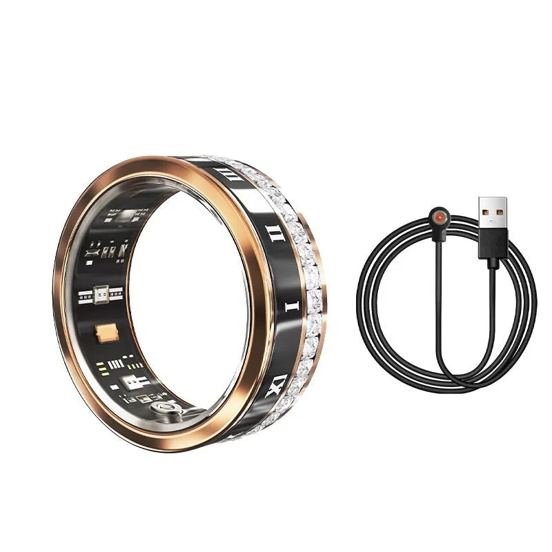 Silver and gold smart ring with diamond inlay and blood oxygen monitoring sensors.