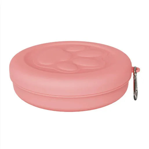 Portable outdoor dog food and water bowl with snack compartment in light green and pink colour options