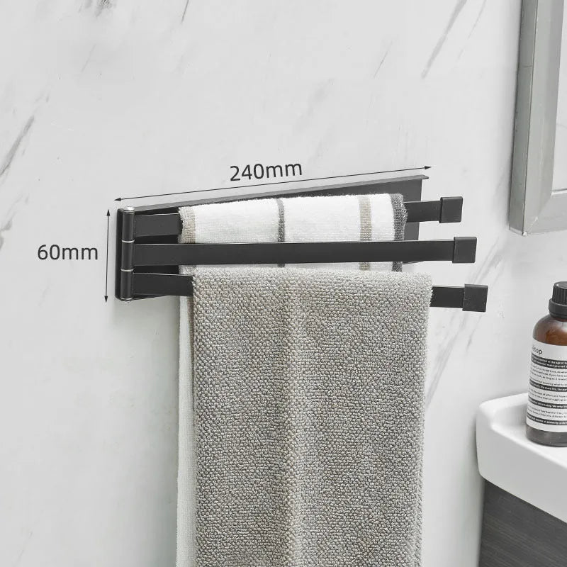 Black folding towel bar with adhesive installation for bathroom