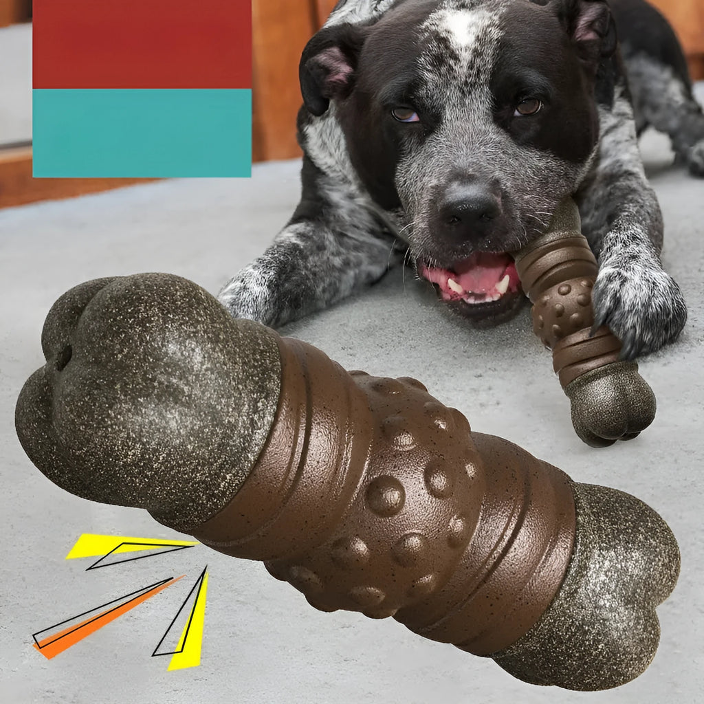 Wood colour plastic dog toothbrush chew toy with molar rod design and audible sound feature