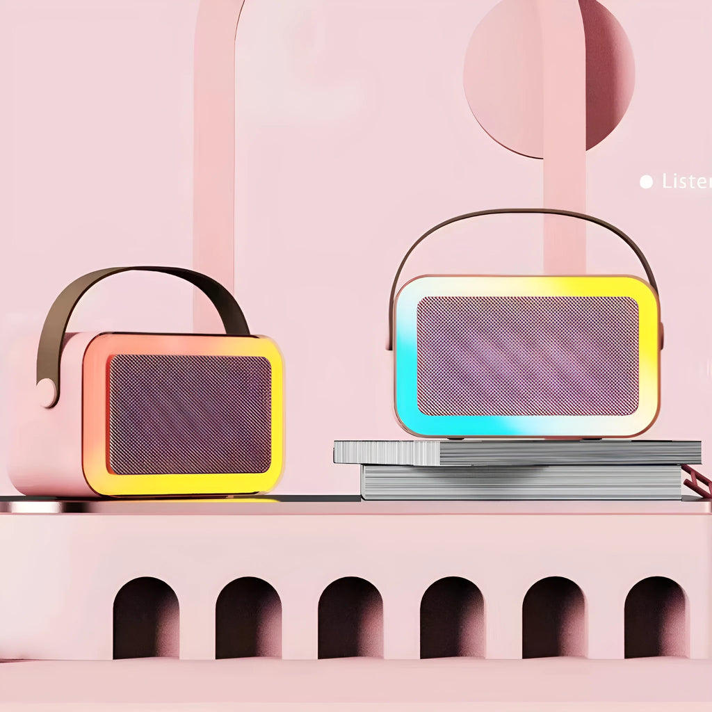 Portable white Bluetooth speaker with microphone and coloured LED lights for karaoke and outdoor use.