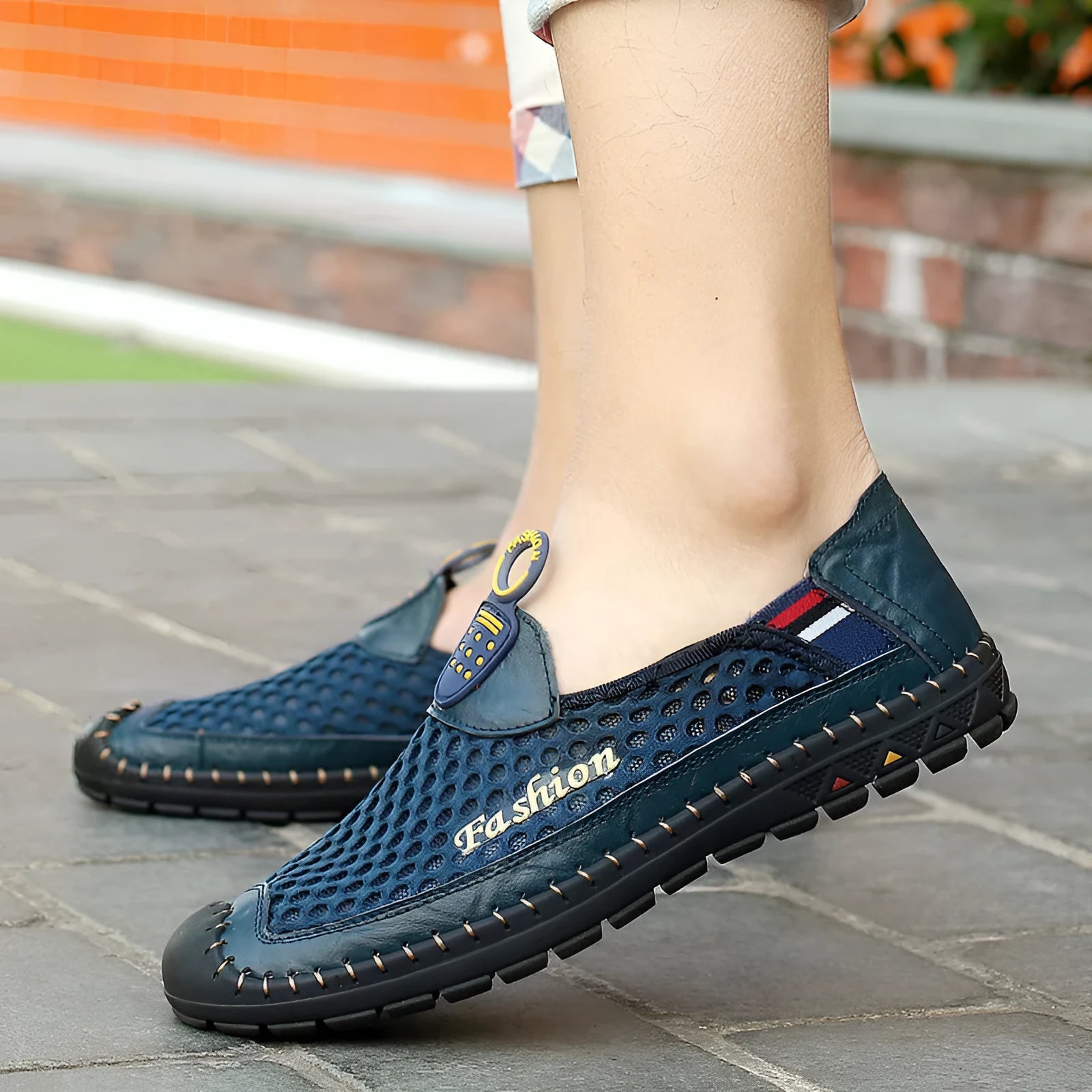 Men's brown casual shoes with mesh fabric upper and rubber sole