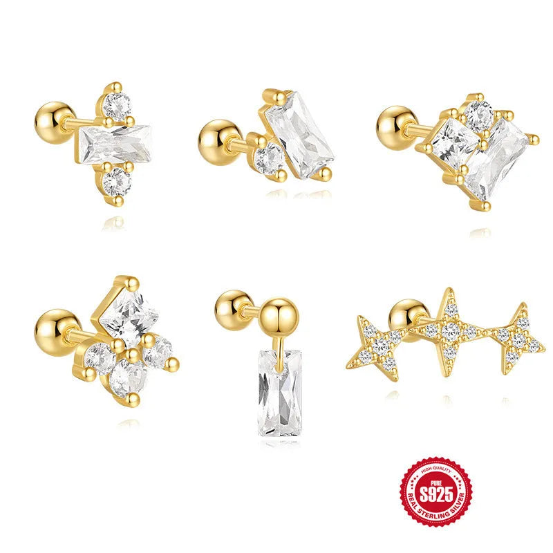 S925 sterling silver flower-shaped stud earrings with square gravel texture in gold electroplated colours