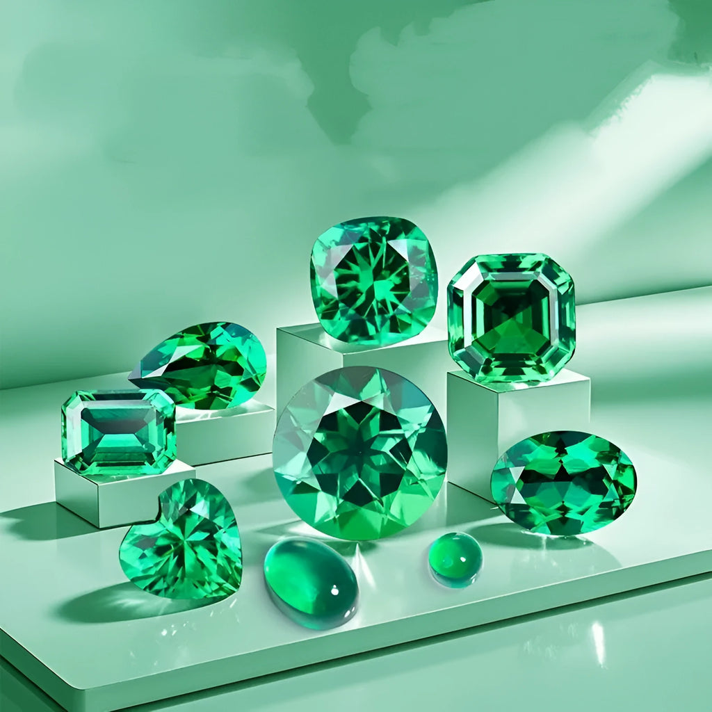 Synthetic emerald gemstone in Columbia green treasure colour showing round and rectangular cut options.
