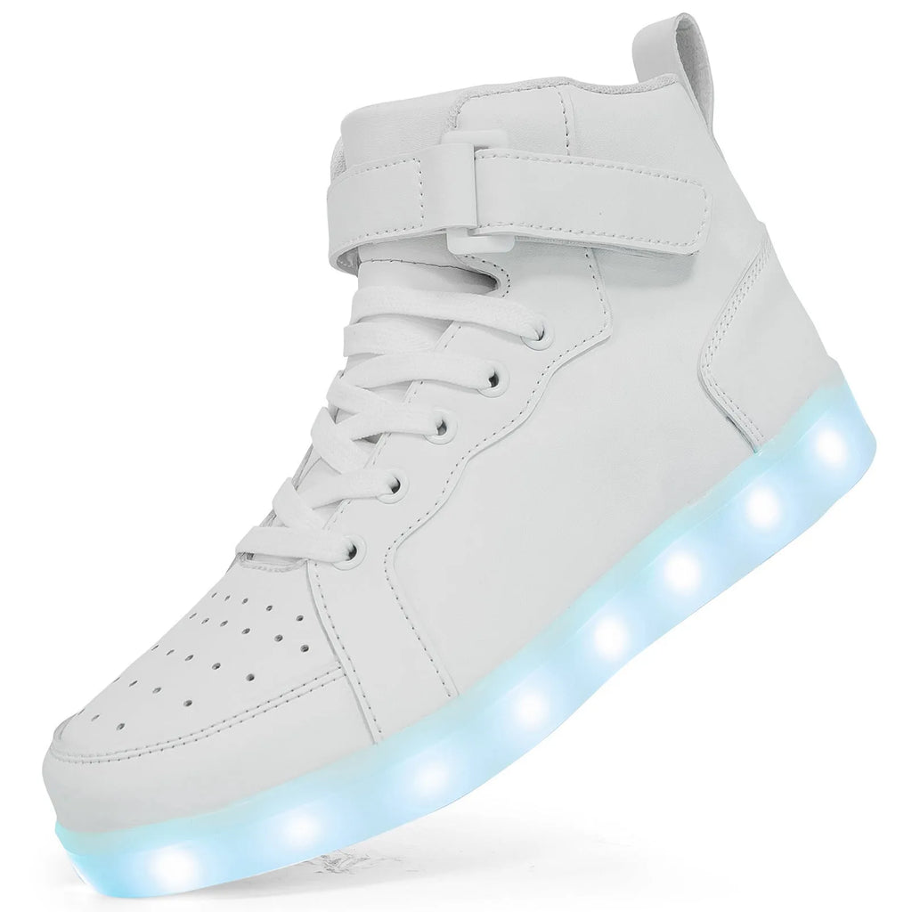 High-top LED light shoes with Velcro strap and rechargeable lights in multiple colours.