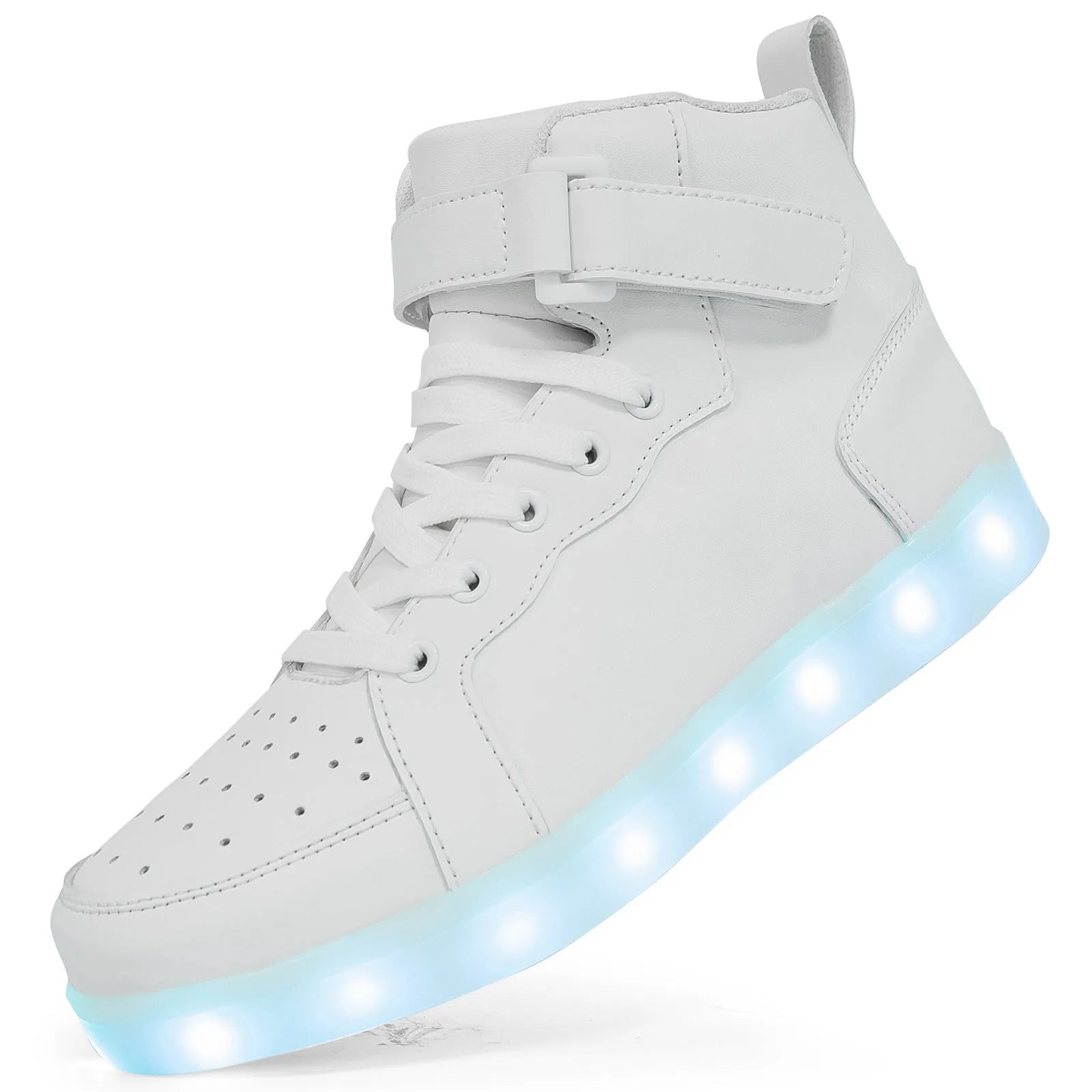 High-top LED light shoes with Velcro strap and rechargeable lights in multiple colours.