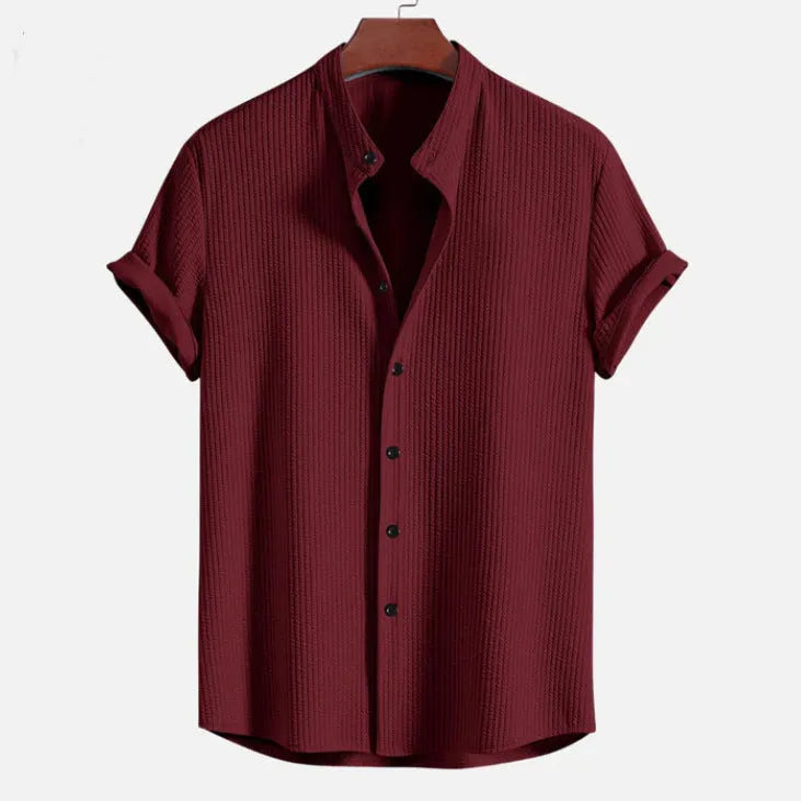 Men's loose fit short sleeve polyester shirt in multiple colour options showing Asian sizing