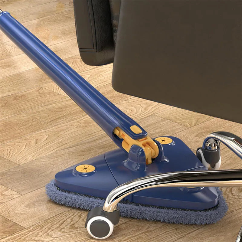 Extendable triangle mop with rotating blue head and stainless steel pole for cleaning corners and walls