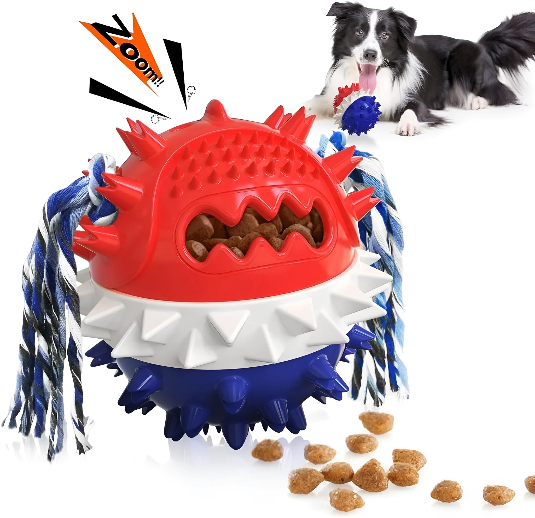 Blue TPR rubber dog chew toy with treat dispenser hole and squeaker for large breed dogs