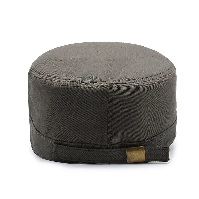 Men's adjustable cotton peaked cap in dome crown style with English letter detailing.