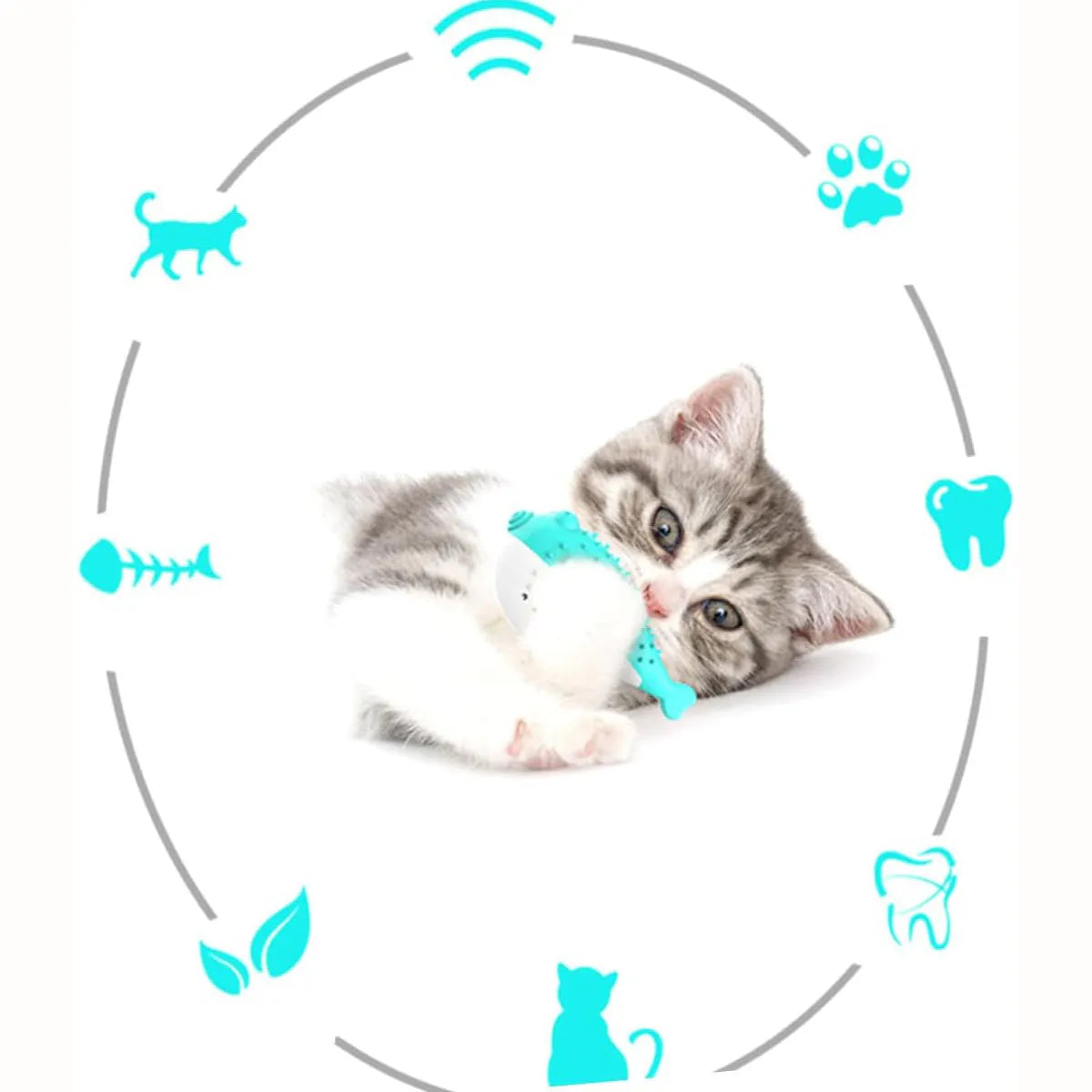 Blue silicone fish-shaped chew toy for cats on a white background.