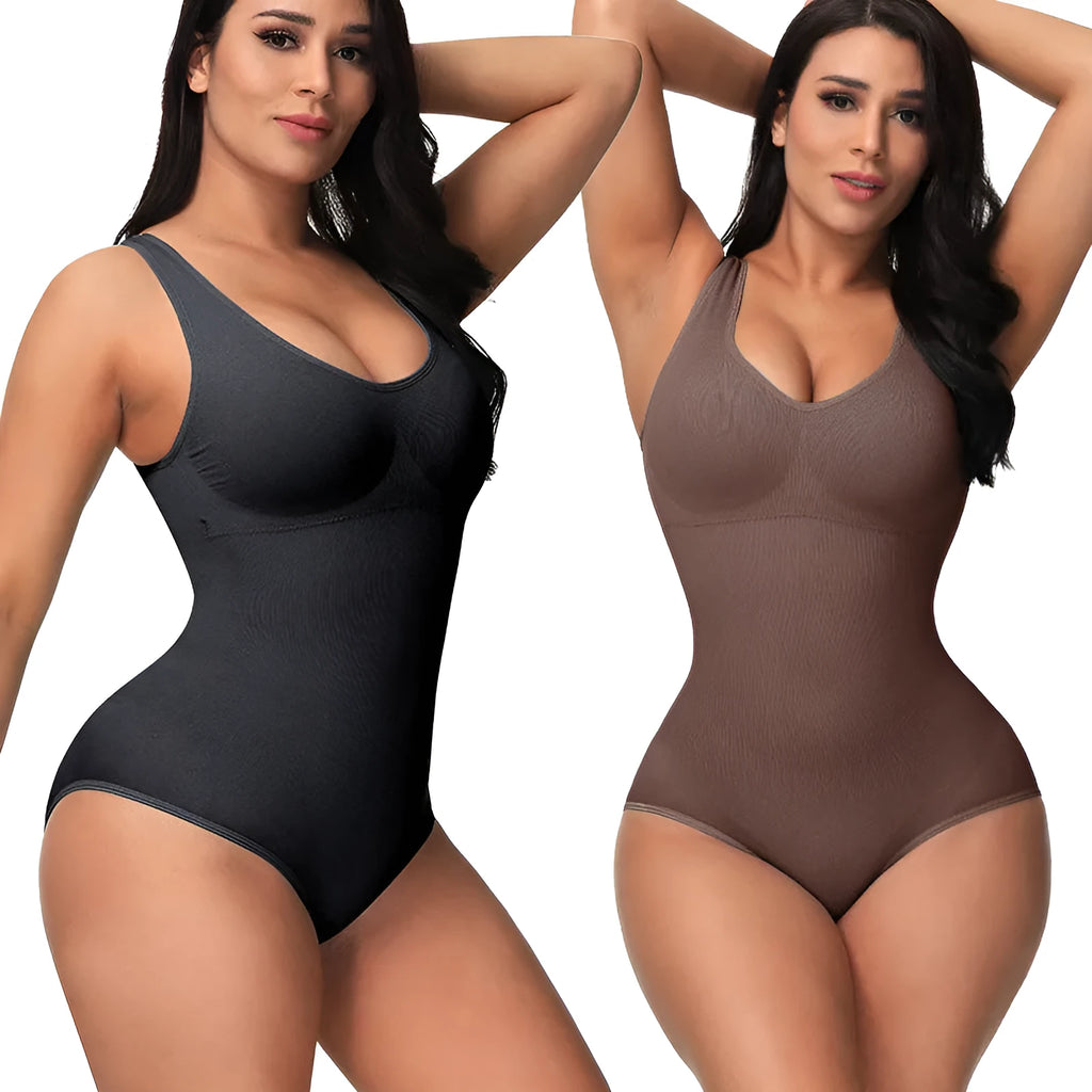 Women's seamless nylon bodysuit corset for waist support and hip lift, shown in apricot colour.