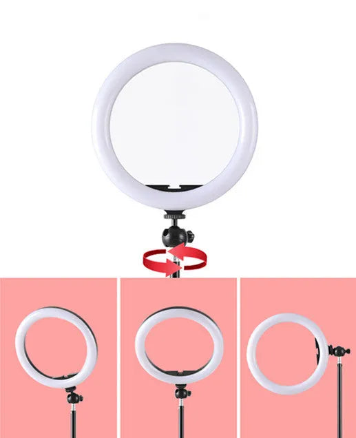 10-inch rotating ring light on a 19 cm metal stand for mobile phone selfies and live streaming.