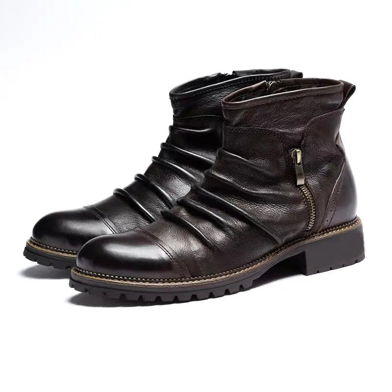 Men's black cowboy boots with side zipper and embossed PU upper