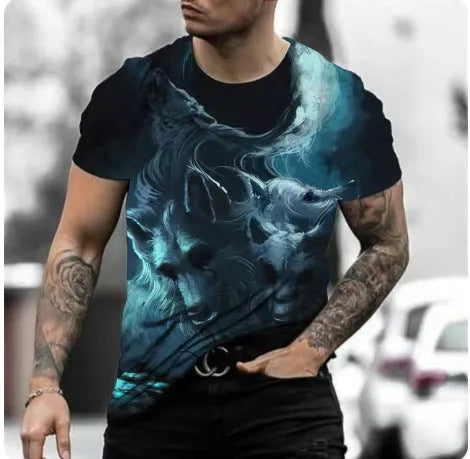 Retro 3D animal print men's short-sleeved T-shirt in lightweight polyester bird eye cloth