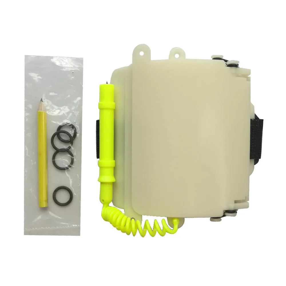 White luminous dive slate wristboard for underwater communication with pencil and spare O-ring seal