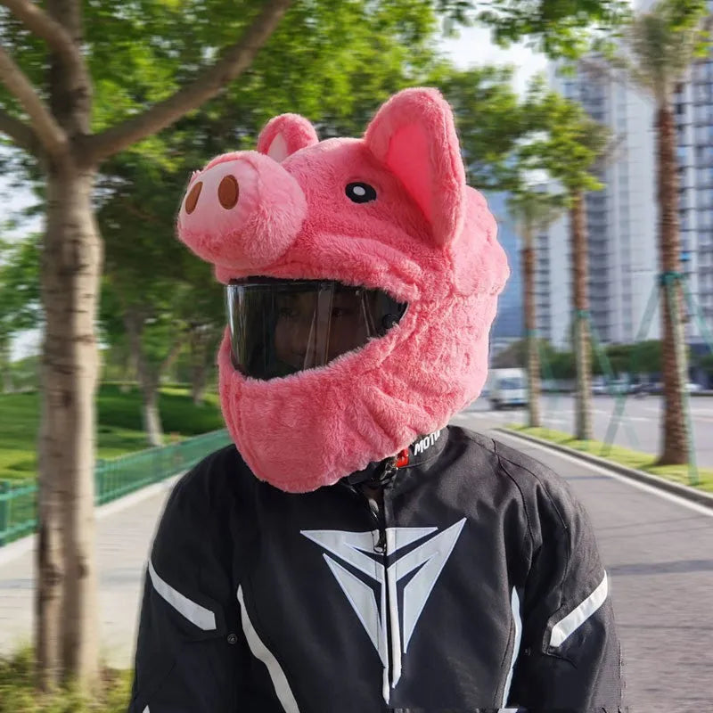 Pink pig cartoon plush motorcycle helmet protective hood made from soft pv velvet cloth