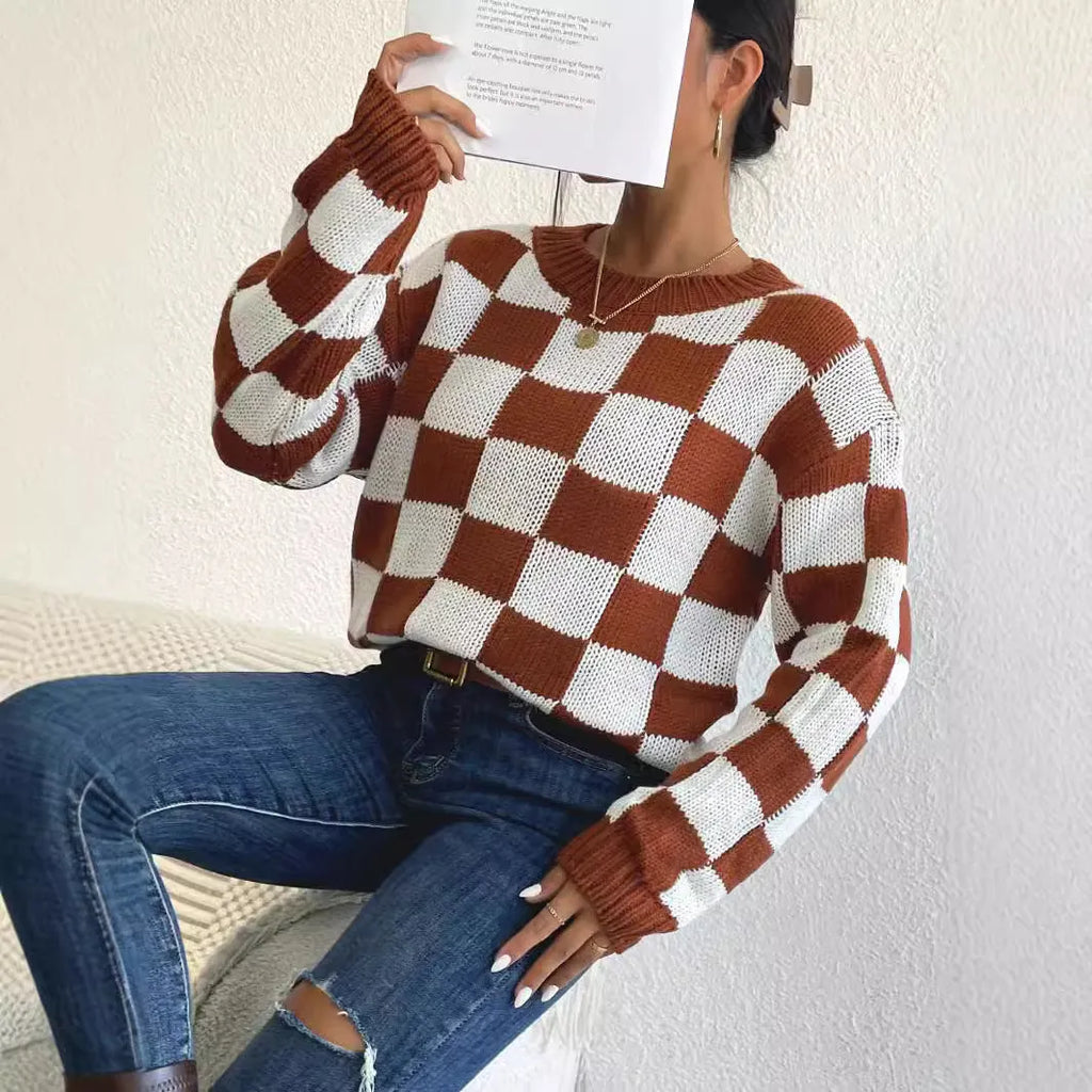 Dark brown plaid pattern acrylic loose fit sweater with long sleeves and round neck