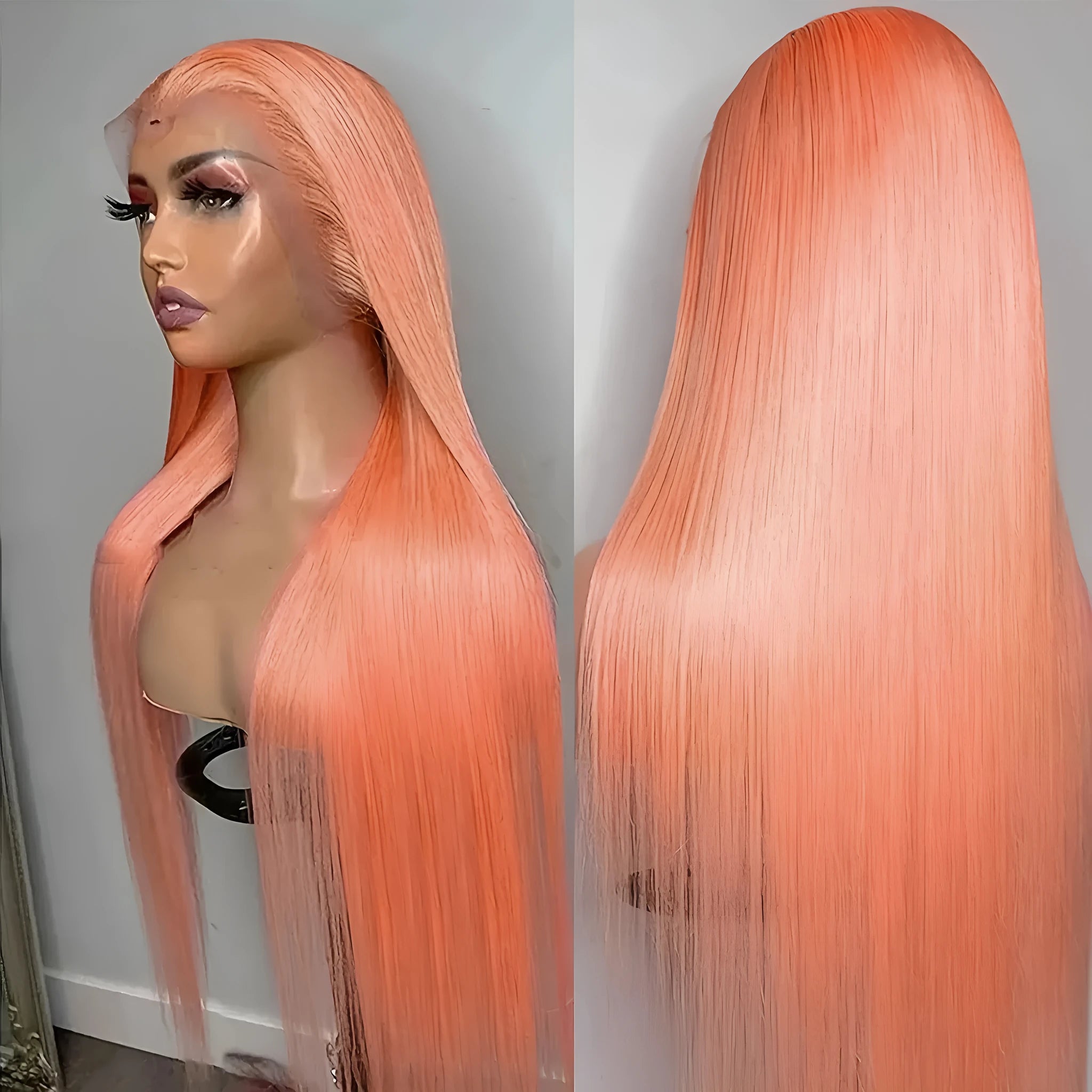 Light orange long straight front lace synthetic wig on display stand showing natural hairline