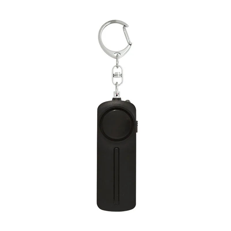 Pink personal safety alarm keychain with activation button showing dimensions.