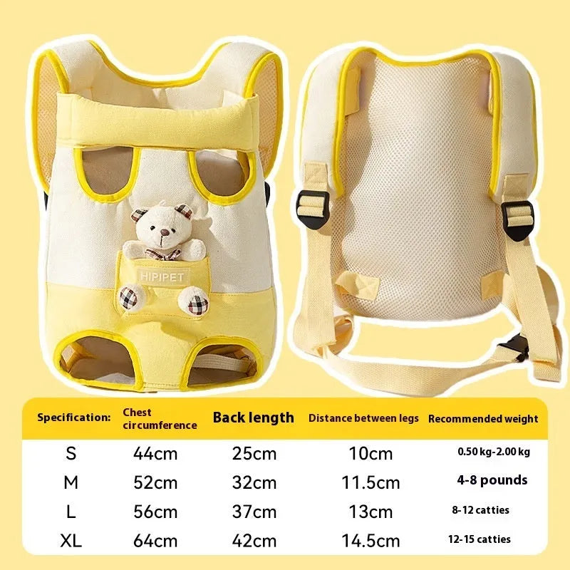 Cartoon animal pattern pet carrier chest bag in soft canvas with decorative ribbon and colourful stitching