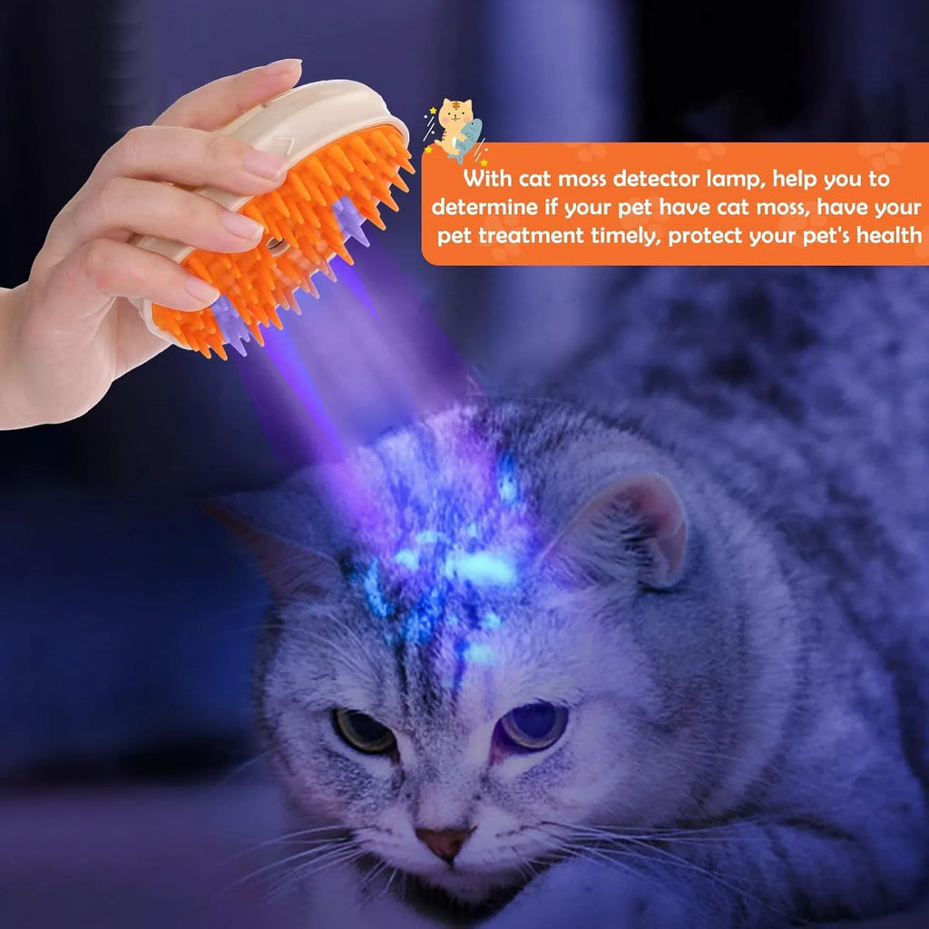 Yellow USB rechargeable 4-in-1 cat steam brush with soft silicone teeth, water tank, and ringworm detector lamp.