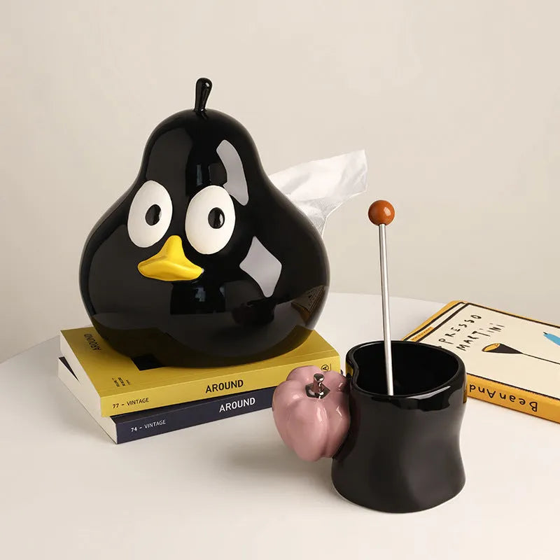 Ceramic pear-shaped tissue box holder in cute animal style with green glaze finish