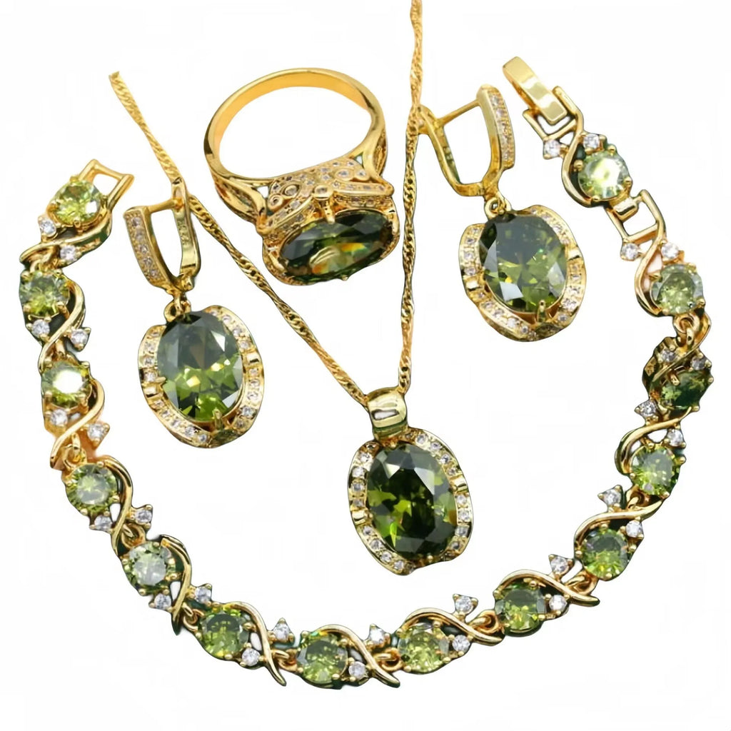 Women's rhinestone zircon jewellery set with snake bones chain necklace, earrings, and ring in olive green or red