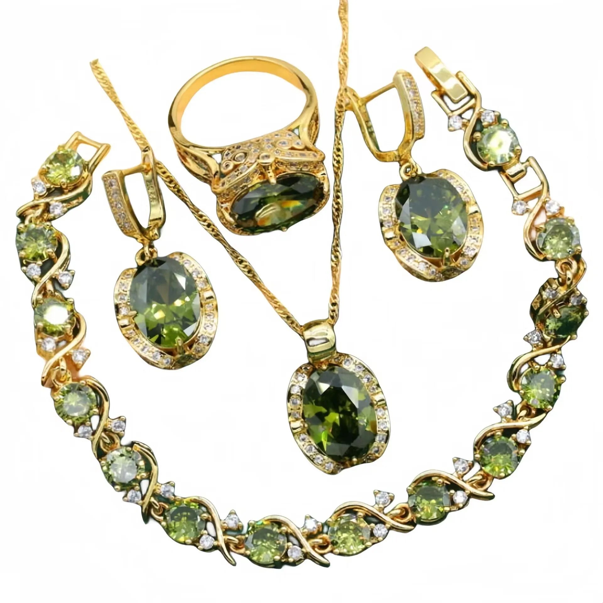 Women's rhinestone zircon jewellery set with snake bones chain necklace, earrings, and ring in olive green or red